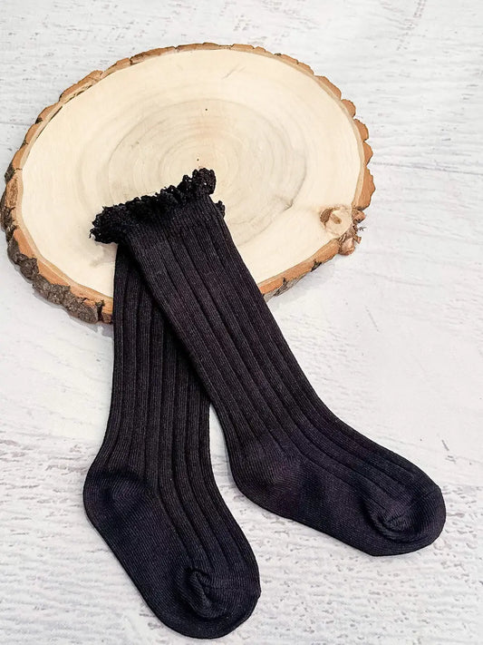 Black Lettuce Edge Tall Ruffle Socks