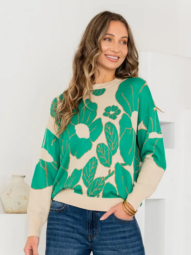 Floral Top Kelly Green & Taupe