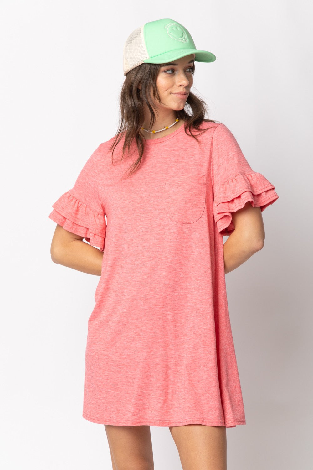 Coral French Terry Ruffle Dress