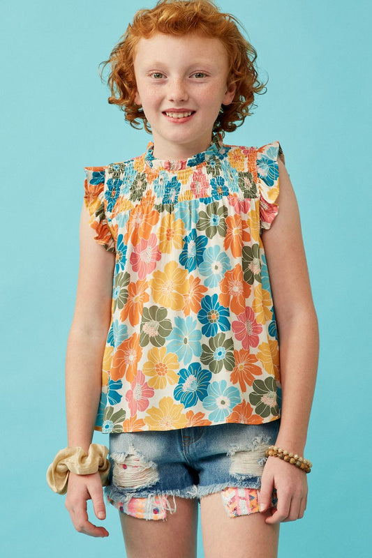 Girl's Floral Smocked Ruffle Top