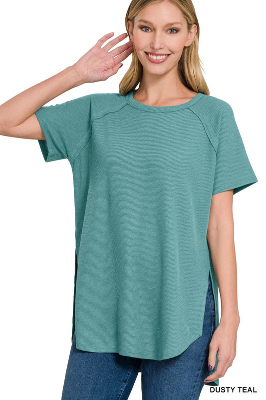 Zenana Dusty Teal Melage Waffle Top