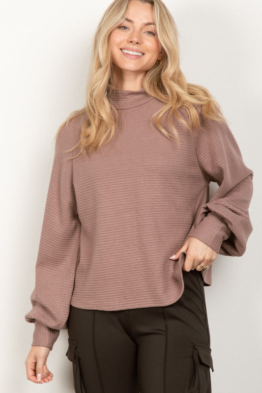 Very J Mocha Mocked Neck Top