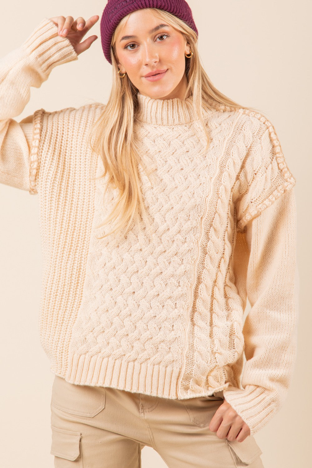 Cream Cable Sweater W/Stitch Detail