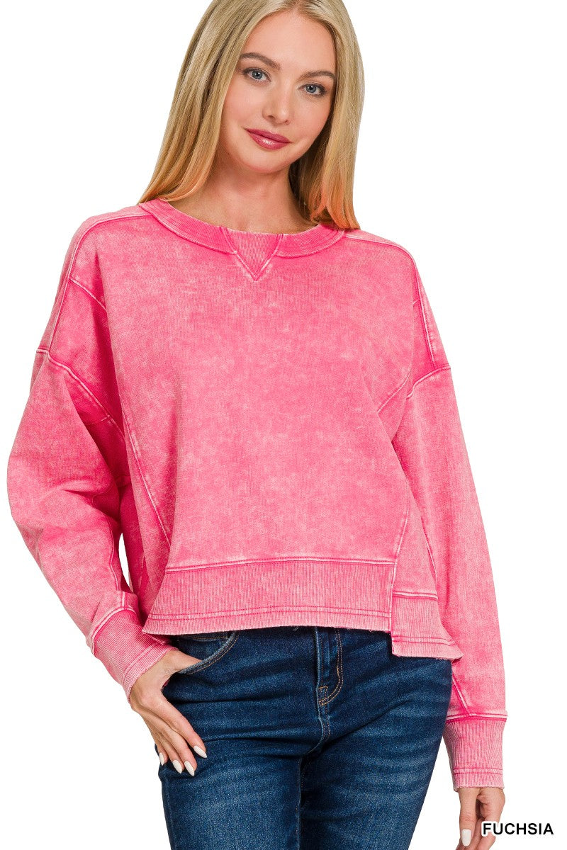 Fuchsia French Terry Acid Wash Pullover