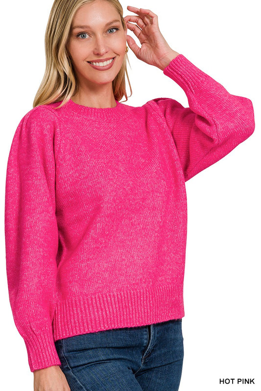 Pink Mélange Puff Sleeve Sweater