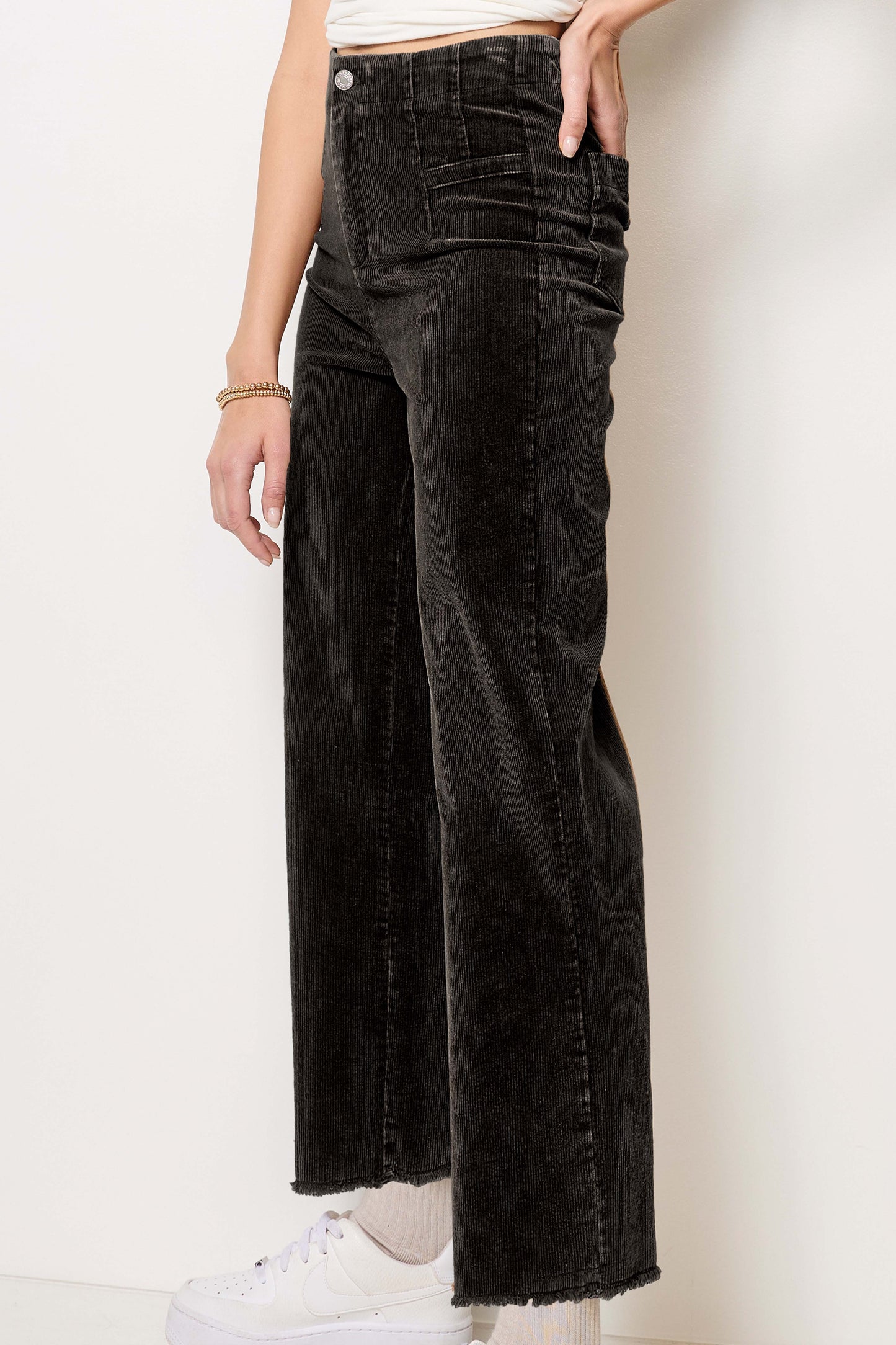 La Miel Black Mineral Wash Raw Hem Corduroy Pants