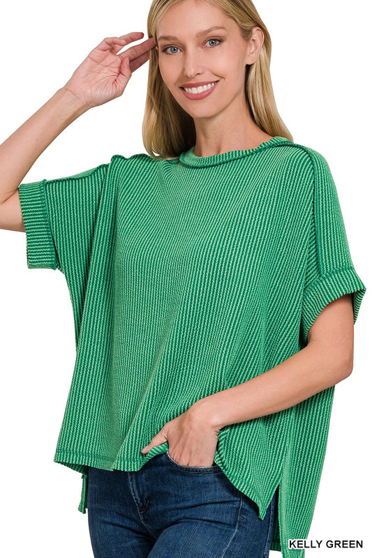 K Green Corded Rib Raw Edge Top