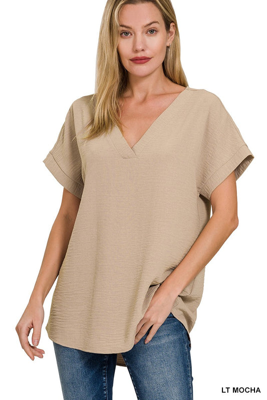 Lt Mocha V-neck top by Zenana