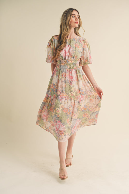 Bubble Sleeve Floral Midi Dress