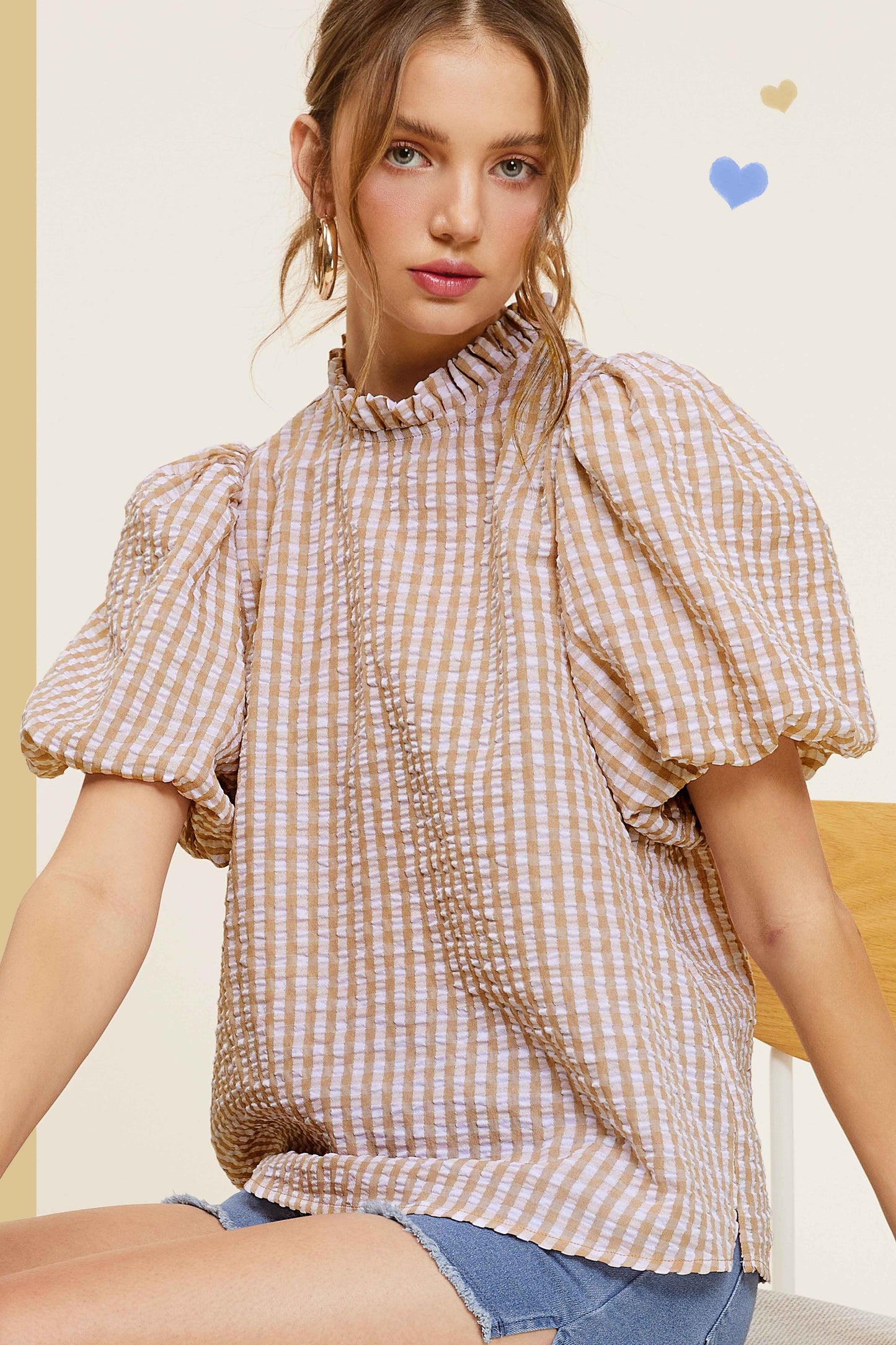 Latte Gingham Puff Sleeve Top