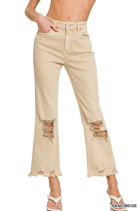 Sand Beige Acid Wash Distressed Jeans