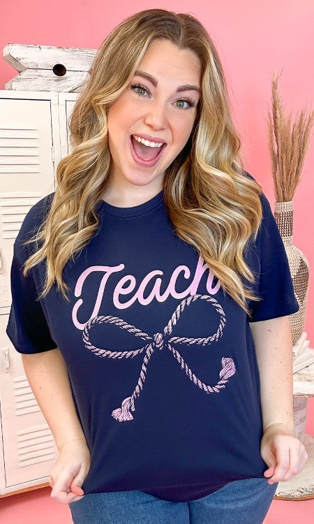 Navy Teach Ribbon Bow Tee