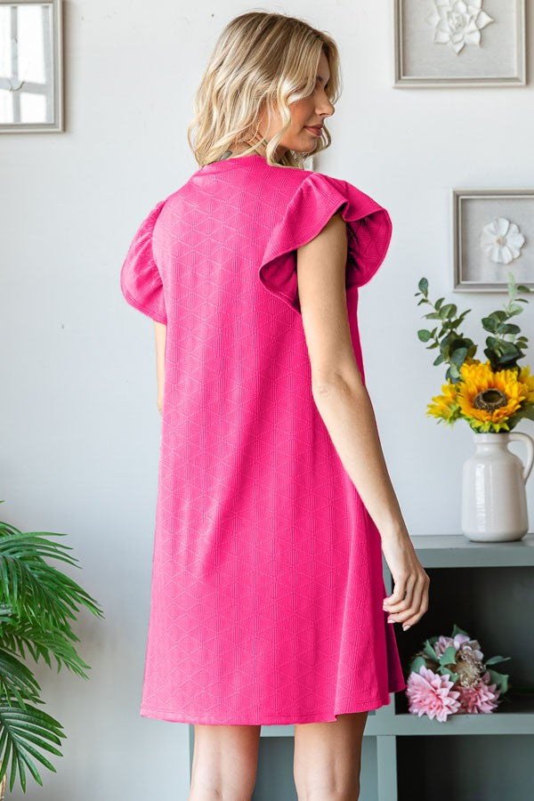 Diamond Pattern Fuchsia Ruffle Sleeve Dress