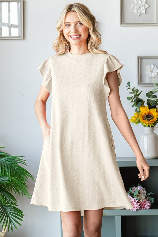 Diamond Pattern Cream Ruffle Sleeve Dress