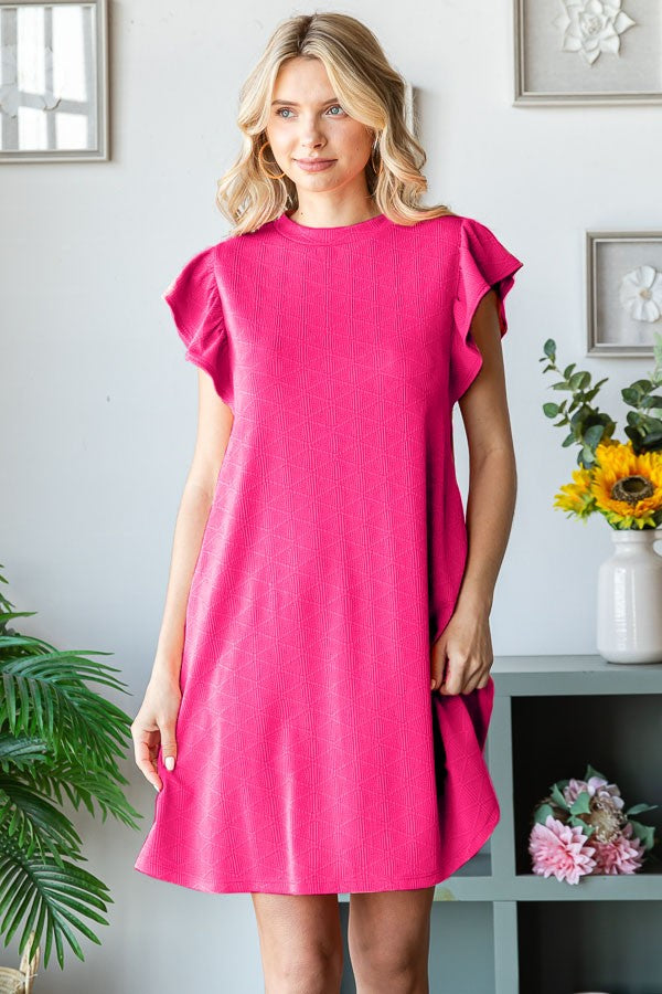 Diamond Pattern Fuchsia Ruffle Sleeve Dress