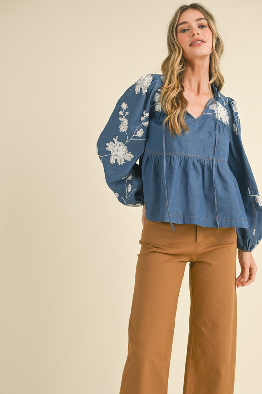 Floral Denim Embroidery Top