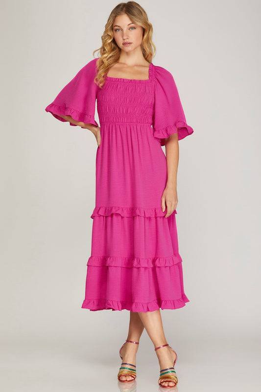 Bell Sleeve Hot Pink Dress