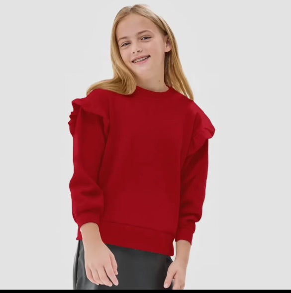 Girls Red Ruffled Brush Knit Sweater