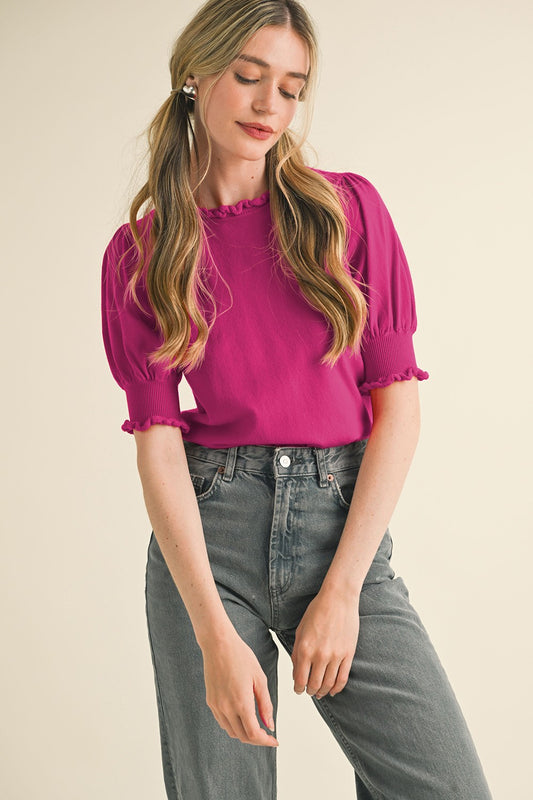 Magenta Ruffle Trim Sweater