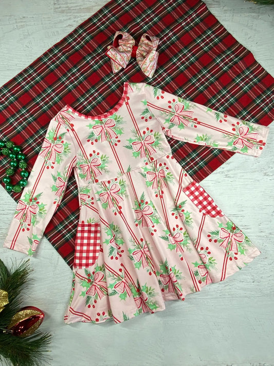 Holly Bows & Stripe Twirl Dress