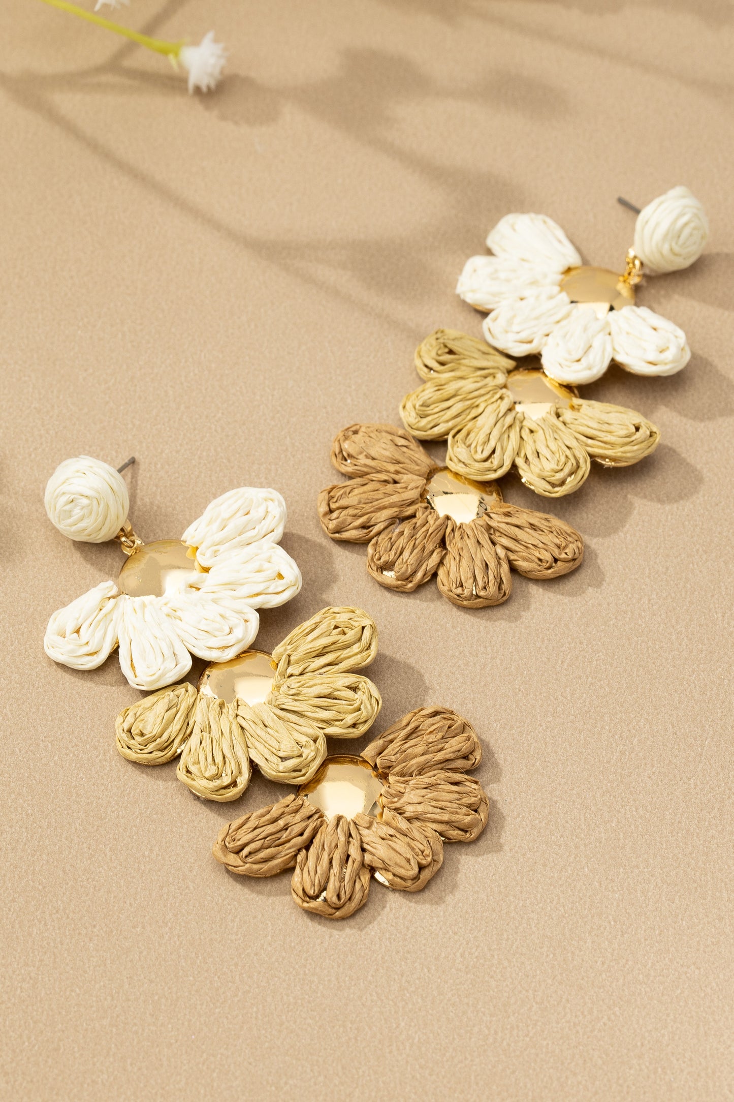 Raffia straw 3 Tier Flower Drop Earrings