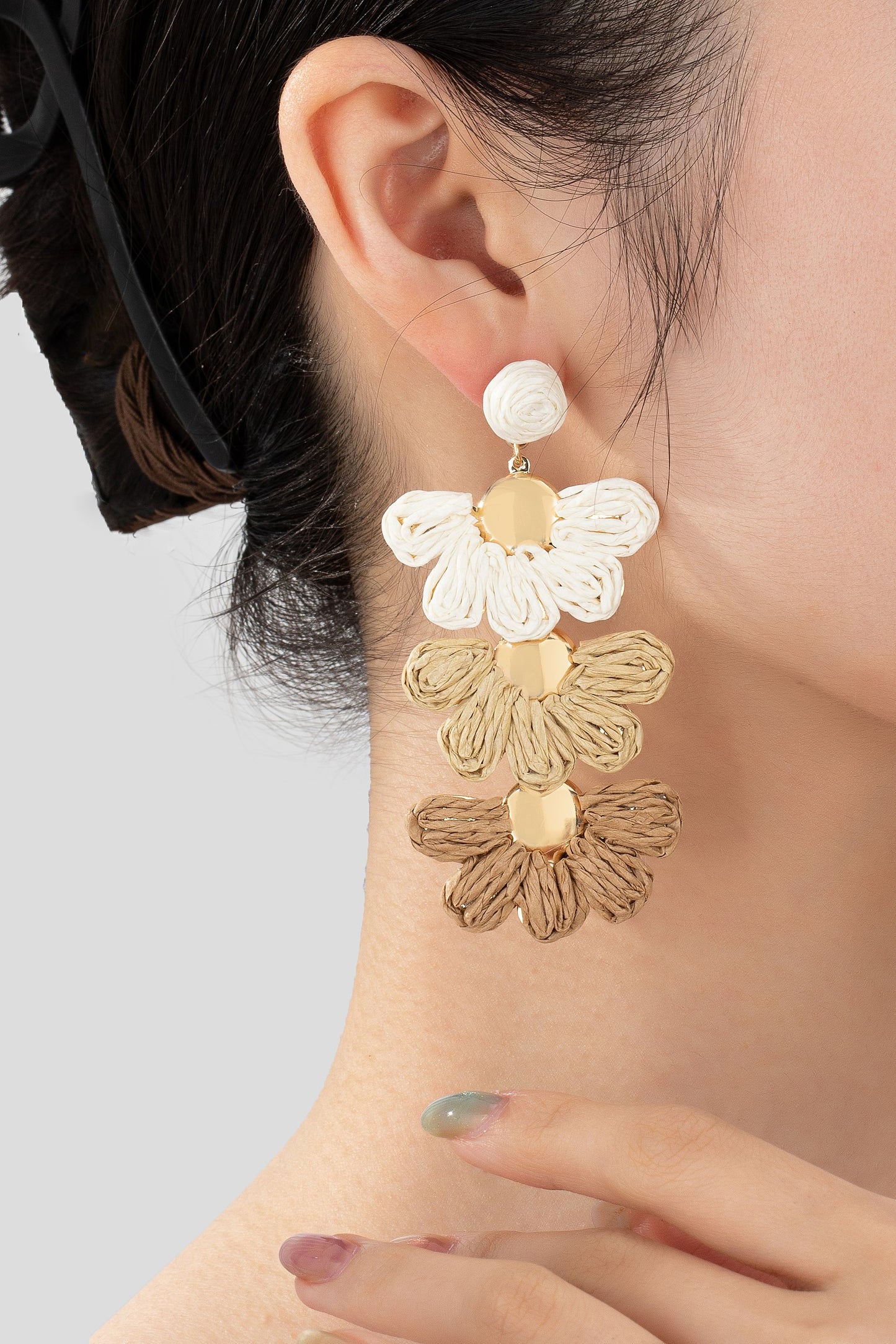 Raffia straw 3 Tier Flower Drop Earrings