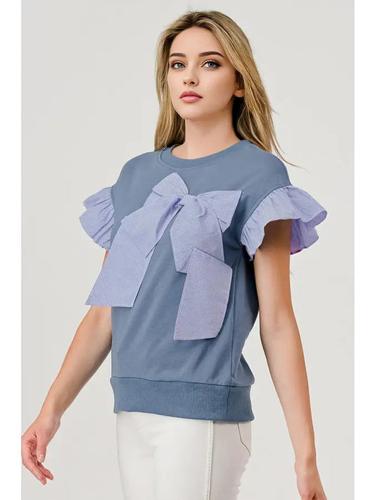 Bennett Pinstripe Bow Ruffle Top in Blue by Pixy & Ivy