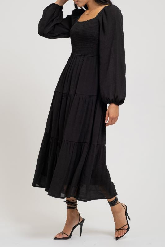 Black Tiered Balloon Sleeve Dress