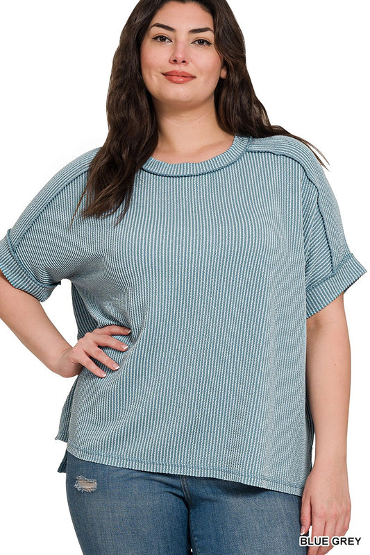 Corded Rib Top in Blue Grey for Curvy