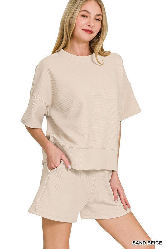 Sand Beige Rib Shorts and Tee 2pc by Zenana