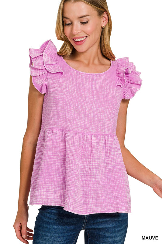Mauve Acid Wash Ruffle Sleeve Top