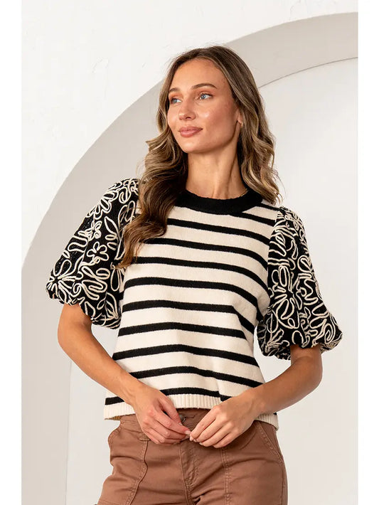 Black/Oatmeal Stripe Top w/Embroidered Sleeves