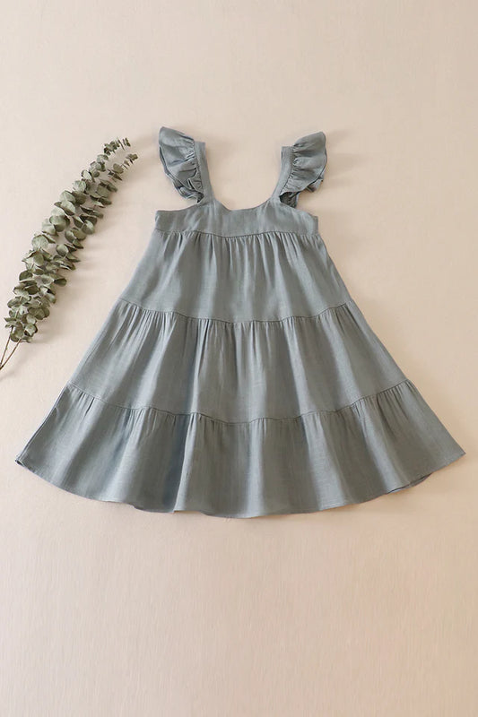 Teal Linen Ruffle Tiered Dress