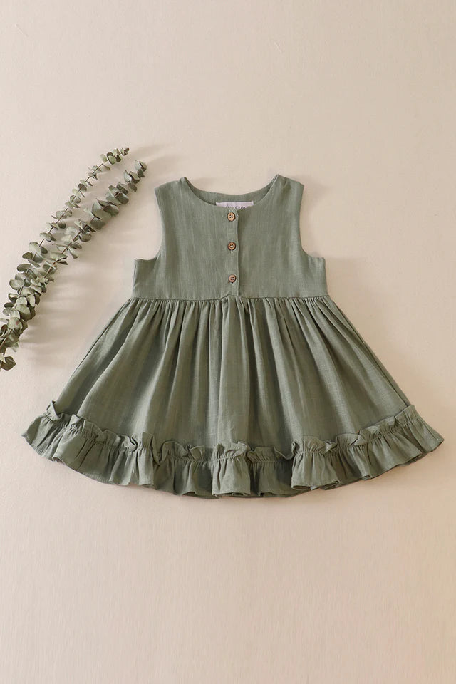 Sage Ruffle Linen Dress for Girls