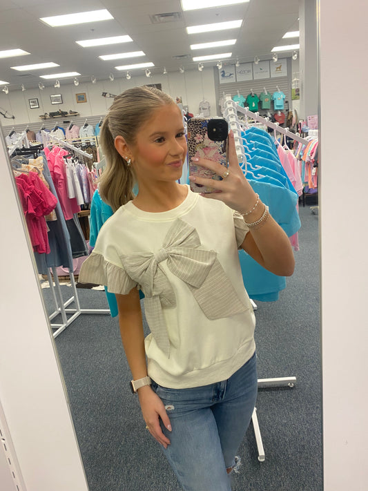 Bennett Pinstripe Bow Ruffle Top in Cream by Pixy & Ivy