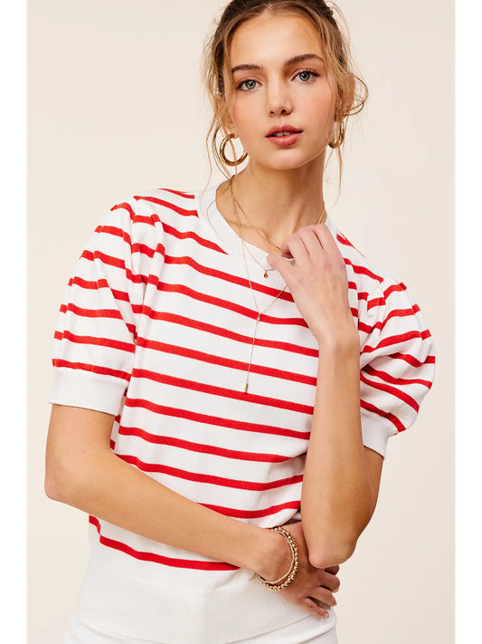 Red/White Stripe Puff Sleeves Top