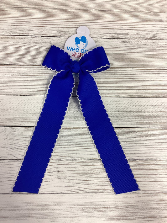 Medium Grosgrain Moonstitch Hair Bowtie with Knot Wrap and Streamer Tails - Blue & White
