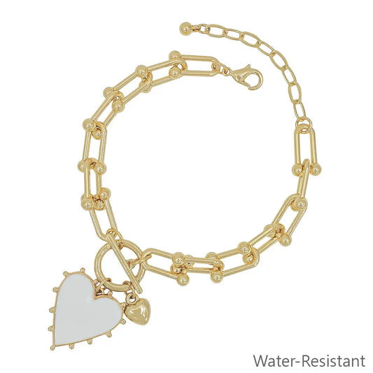 Gold Bracelet w/White Studded Heart Charm
