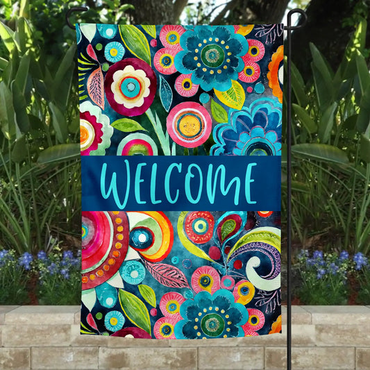 Garden Flag Blue Welcome Flower Swirl