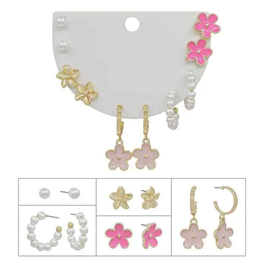 Set of 5 Flower Stud, Pearl Hoops, & Flower Huggies