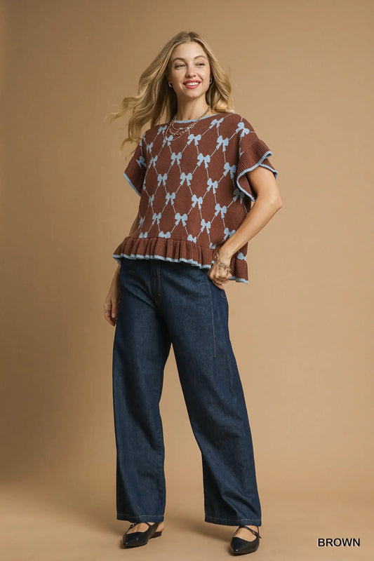 Come My Way Brown/Blue Bow Sweater by Umgee