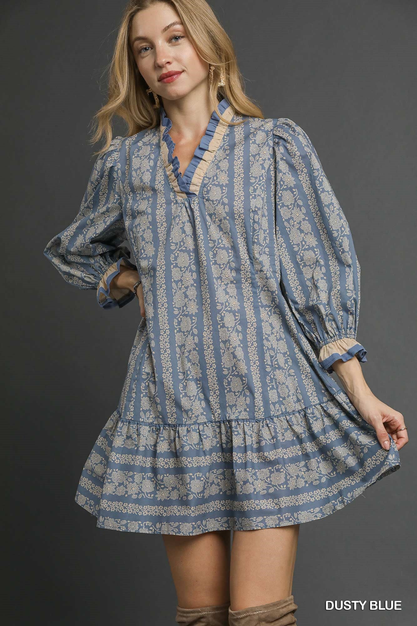 Dusty Blue Floral Stripe Dress by Umgee