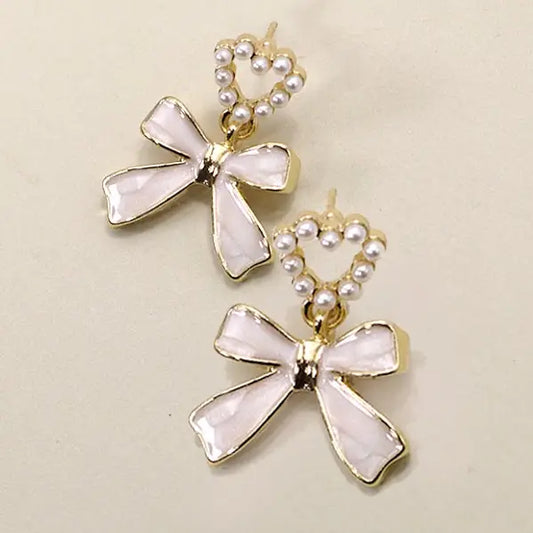 Bow Heart Pearl Drop Earrings