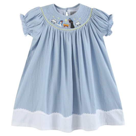 Nativity Scene Lt Blue Smocked Dress