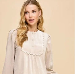 Suede Scalloped Blouse in Beige