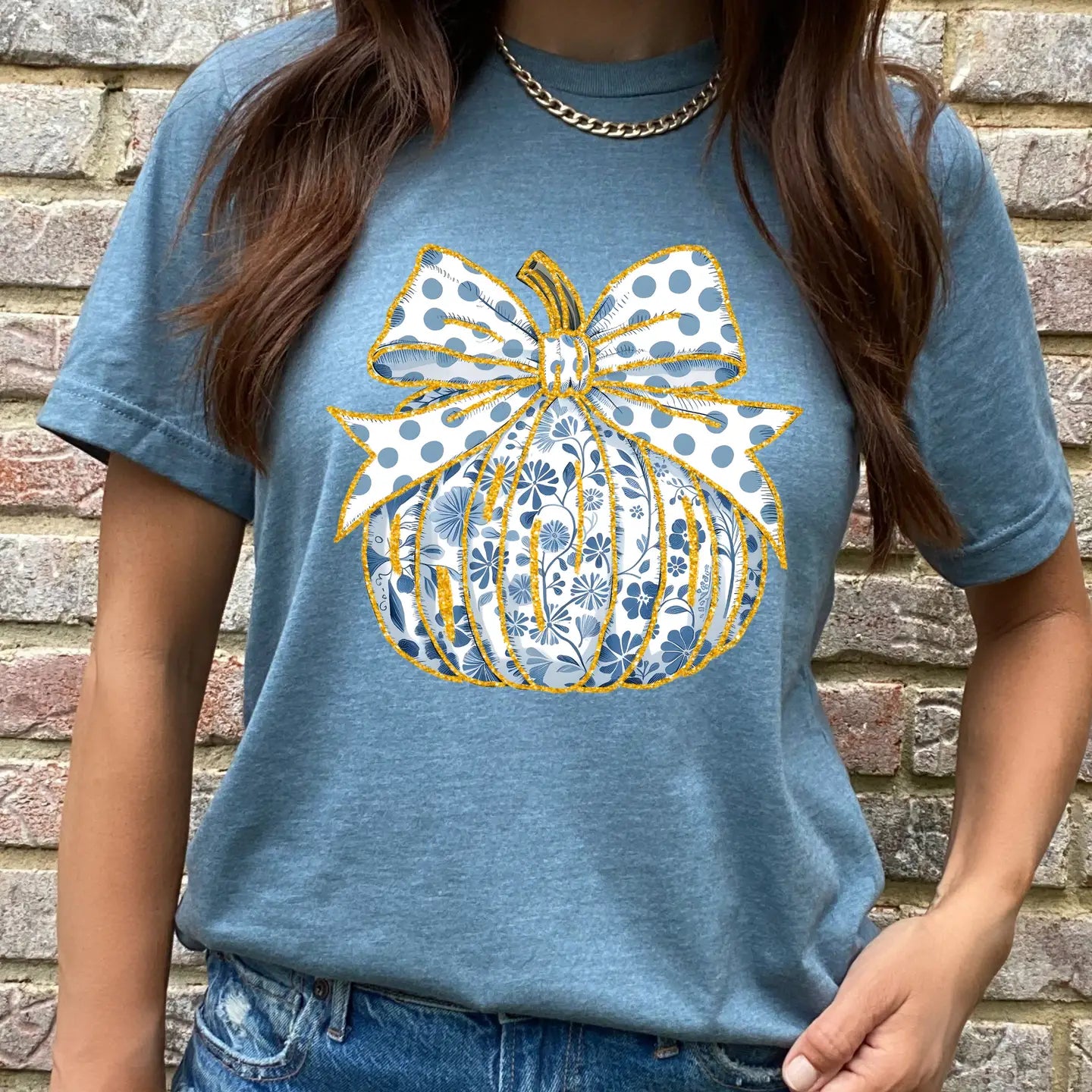 Blue & White Floral Pumpkin Tee