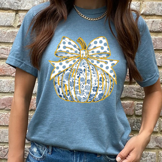 Blue & White Floral Pumpkin Tee