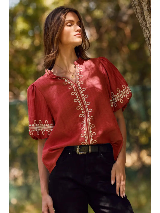 Red Embroidered Top W/Bubble Sleeves