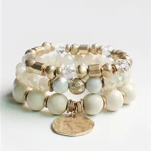 White Natural, Gold, & Natural Stone 3pc Bracelets