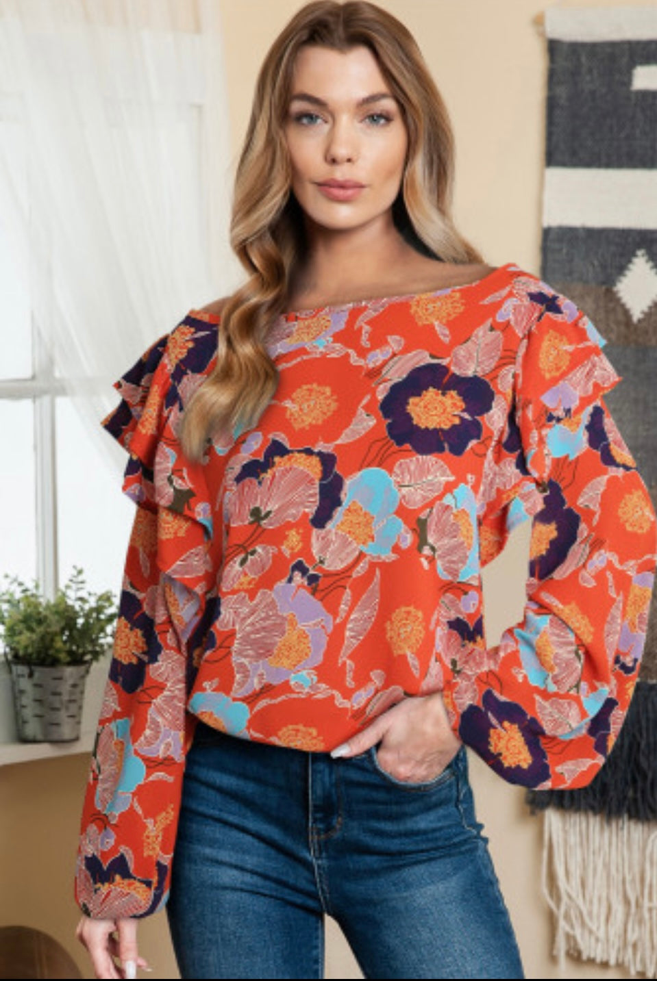 Red Floral Ruffle Puff Sleeve Blouse